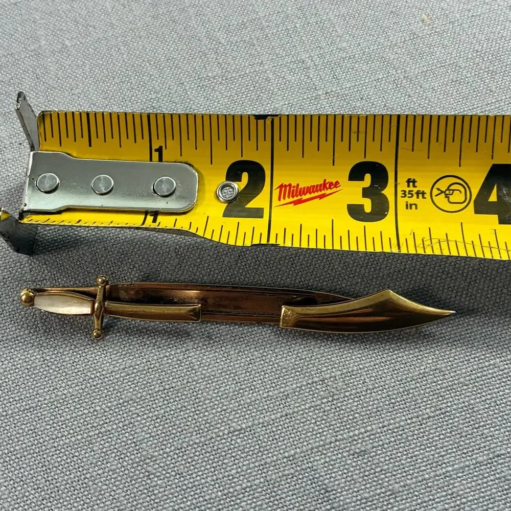 Vintage SWANK Sword Dagger Tie Clip Gold Tone Mother of Pearl Handle Mens